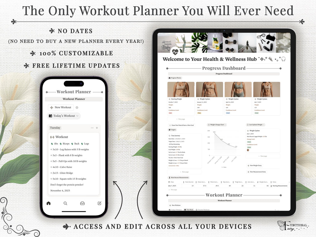 Ultimate Notion Workout Tracker Template | Fitness Planner Dashboard, Gym Log, Exercise Database, Body Measurements & Progress Photo Gallery