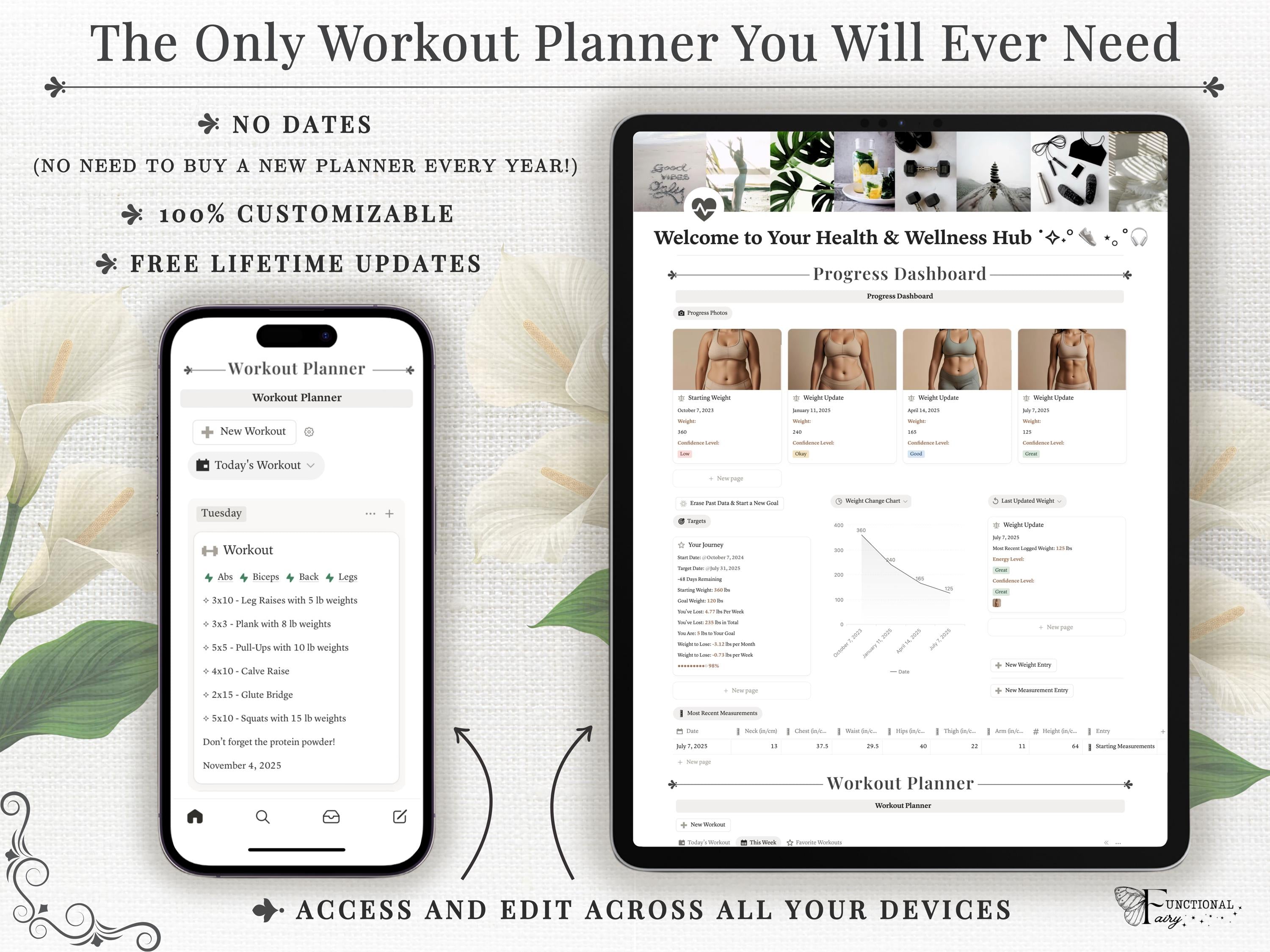 Ultimate Notion Workout Tracker Template | Fitness Planner Dashboard, Gym Log, Exercise Database, Body Measurements & Progress Photo Gallery
