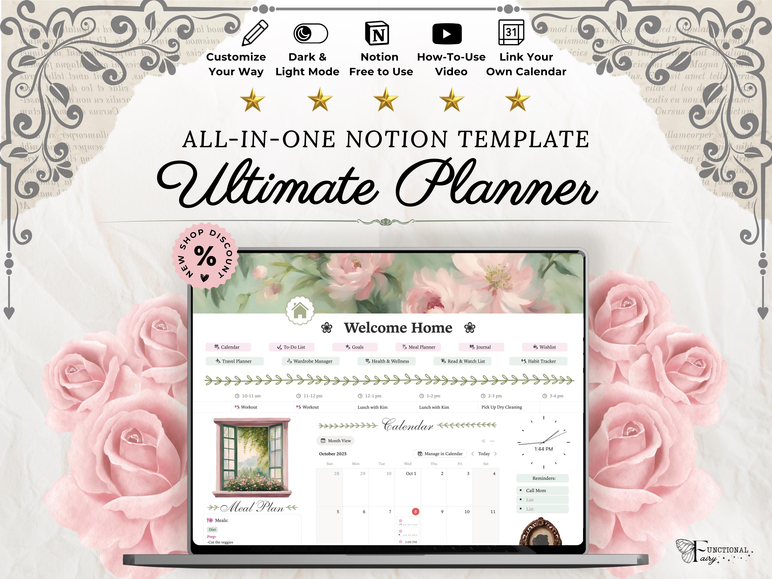 Vintage Aesthetic Notion Life Planner Template | All in One Digital Dashboard—Goals, Wellness and Travel Organizer, Self Care + Productivity