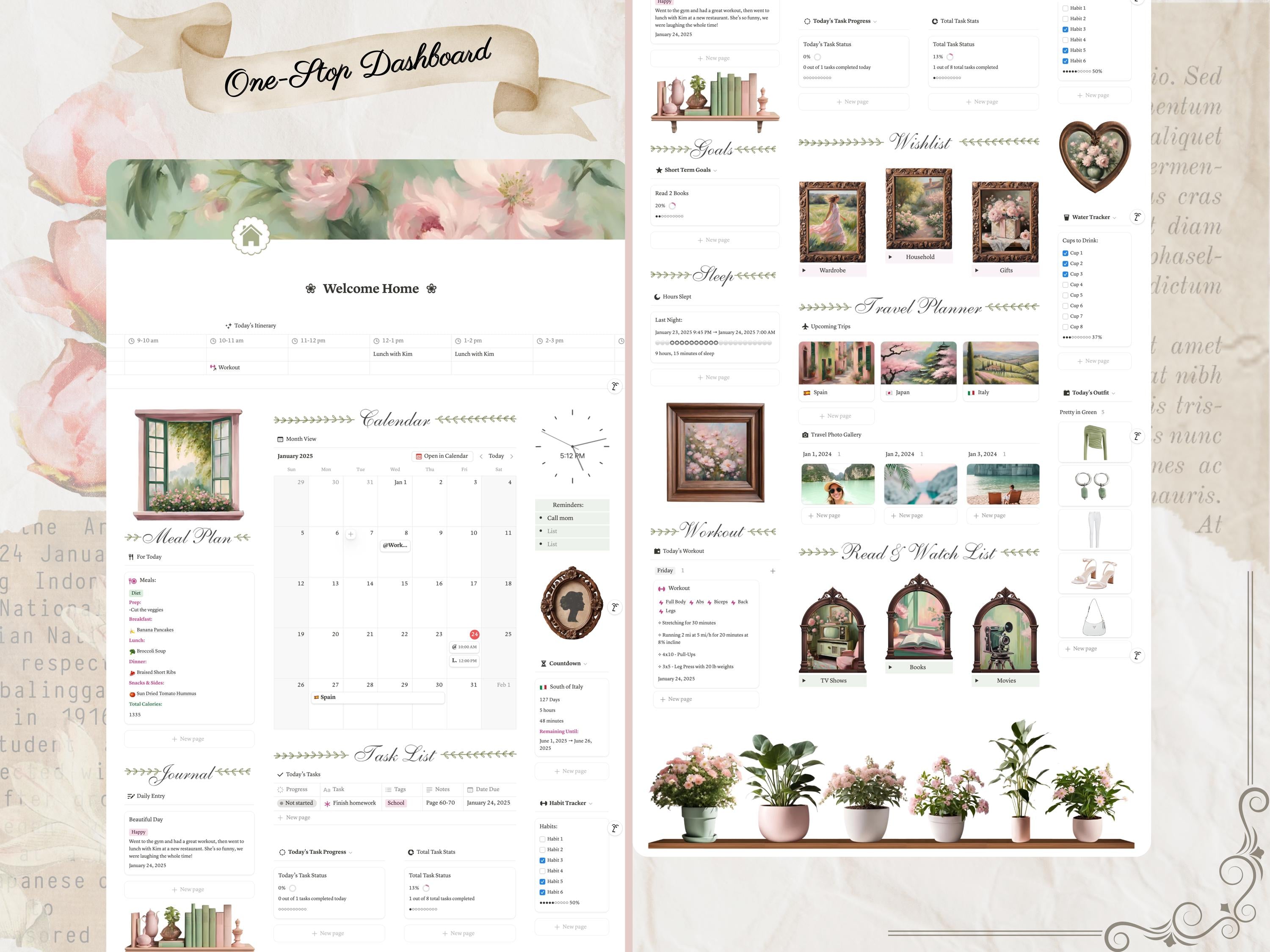 Vintage Aesthetic Notion Life Planner Template | All in One Digital Dashboard—Goals, Wellness and Travel Organizer, Self Care + Productivity
