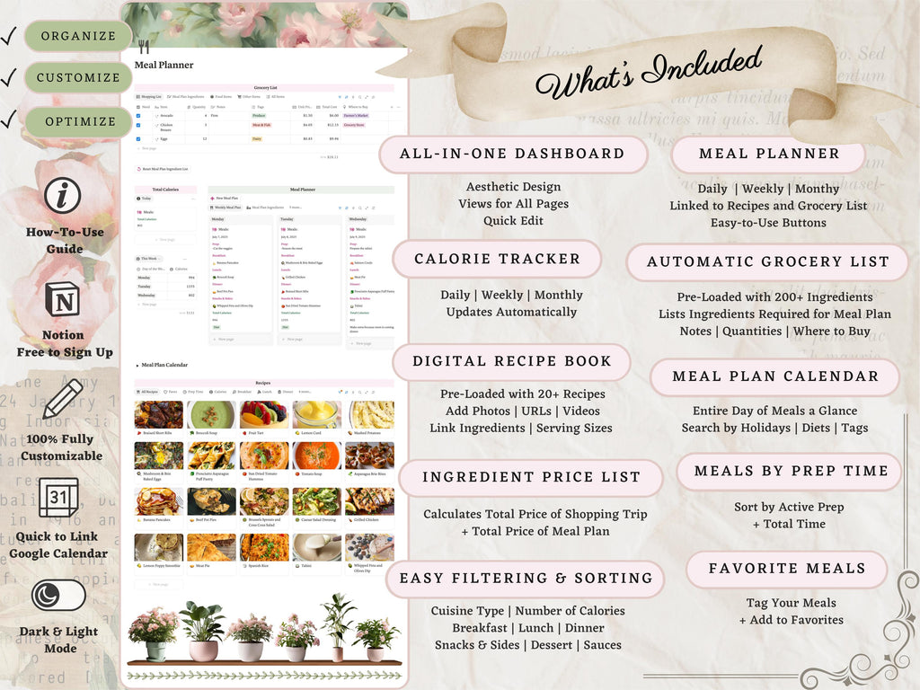 Aesthetic Notion Meal Planner Template | Digital Weekly Meal Prep and Grocery List— Recipe Organizer & Food Journal for Nutrition + Wellness
