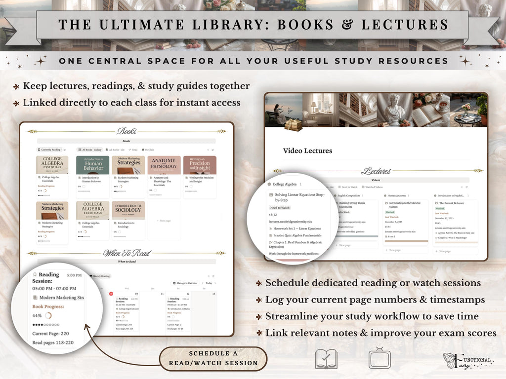 Light Academia Notion Template– Ultimate Aesthetic Academic Student Study Planner, University/College ADHD School Dashboard– Classes & Notes