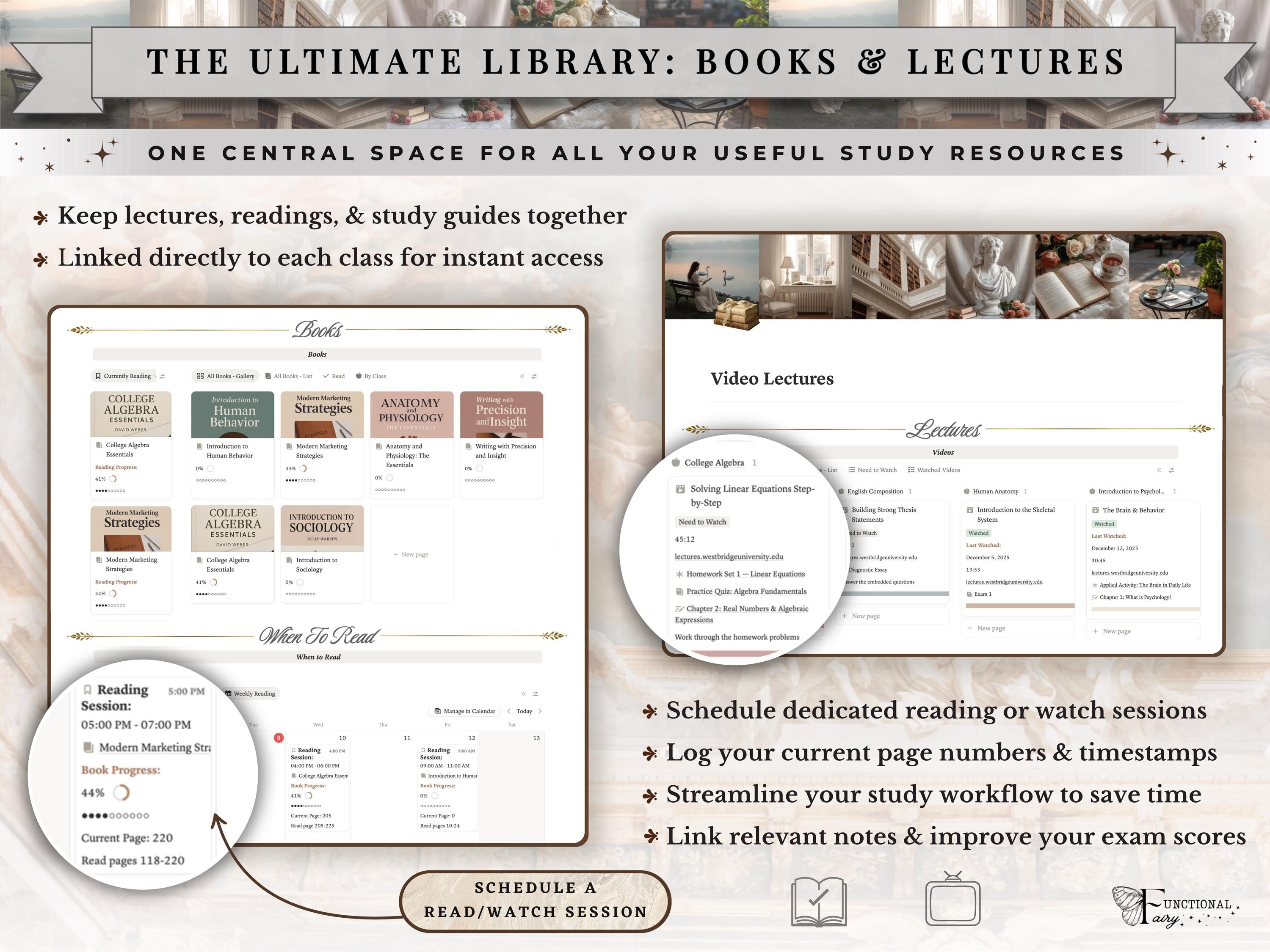 Light Academia Notion Template– Ultimate Aesthetic Academic Student Study Planner, University/College ADHD School Dashboard– Classes & Notes