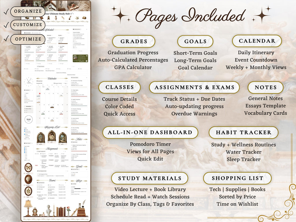 Light Academia Notion Template– Ultimate Aesthetic Academic Student Study Planner, University/College ADHD School Dashboard– Classes & Notes