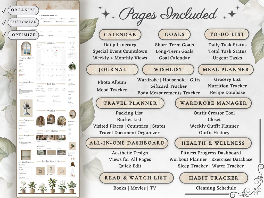 Clean Girl Aesthetic Notion Life Planner Template | Neutral All in One Dashboard— Second Brain for Goals, Calendar, Productivity & Self Care