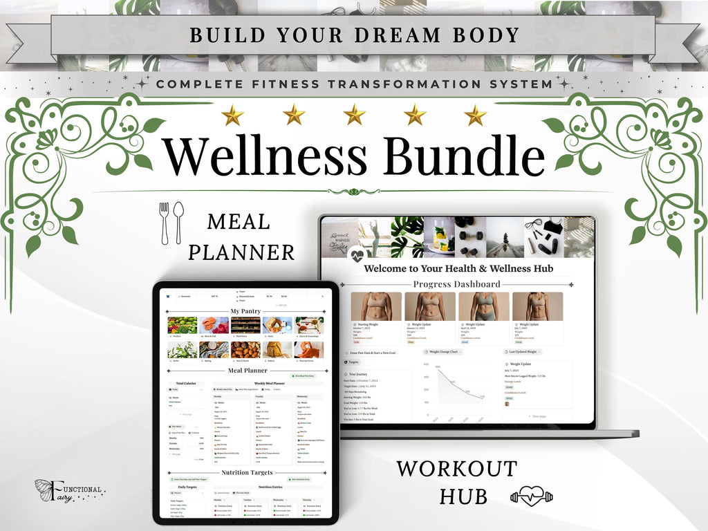 Wellness Planner Notion Template—Workout & Meal Planner Bundle, Fitness Planner, Habit Tracker, Meal Prep, Glow Up Planner, Health Dashboard