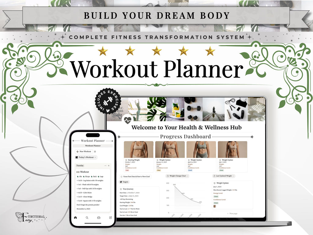 Ultimate Notion Workout Tracker Template | Fitness Planner Dashboard, Gym Log, Exercise Database, Body Measurements & Progress Photo Gallery