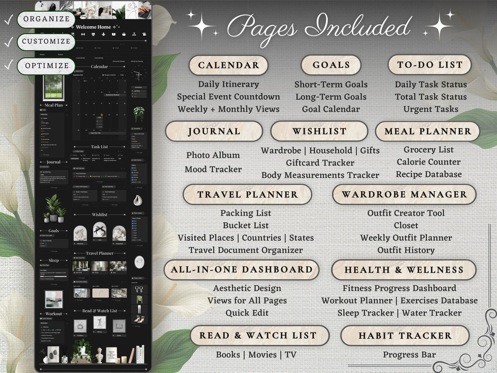 That Girl Aesthetic Notion Planner Template Dark Mode | All-in-One Life Dashboard | Goal, Habit and Wellness Tracker | Digital Productivity
