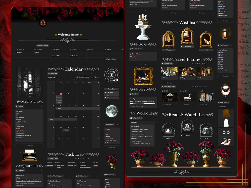 Dark Academia Aesthetic Notion Planner Template | All in One Digital Life Dashboard, Gothic Habit & Study Tracker | Productivity + Self Care