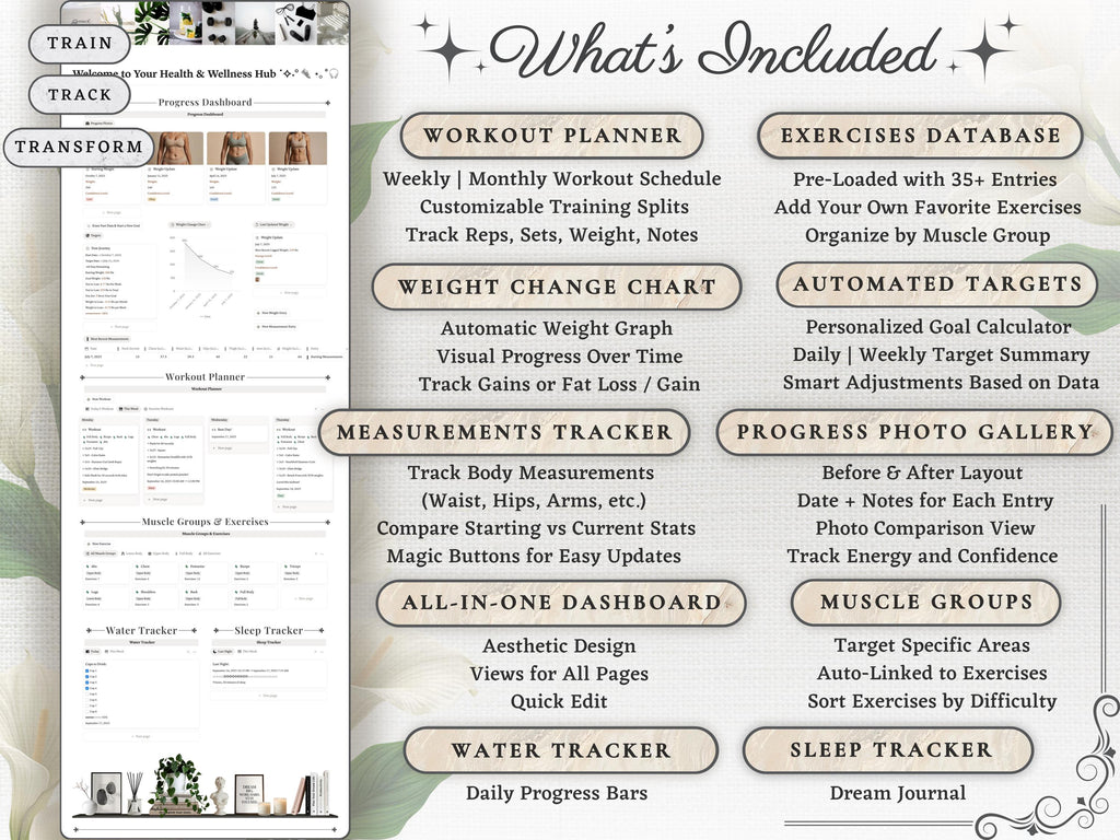 Ultimate Notion Workout Tracker Template | Fitness Planner Dashboard, Gym Log, Exercise Database, Body Measurements & Progress Photo Gallery