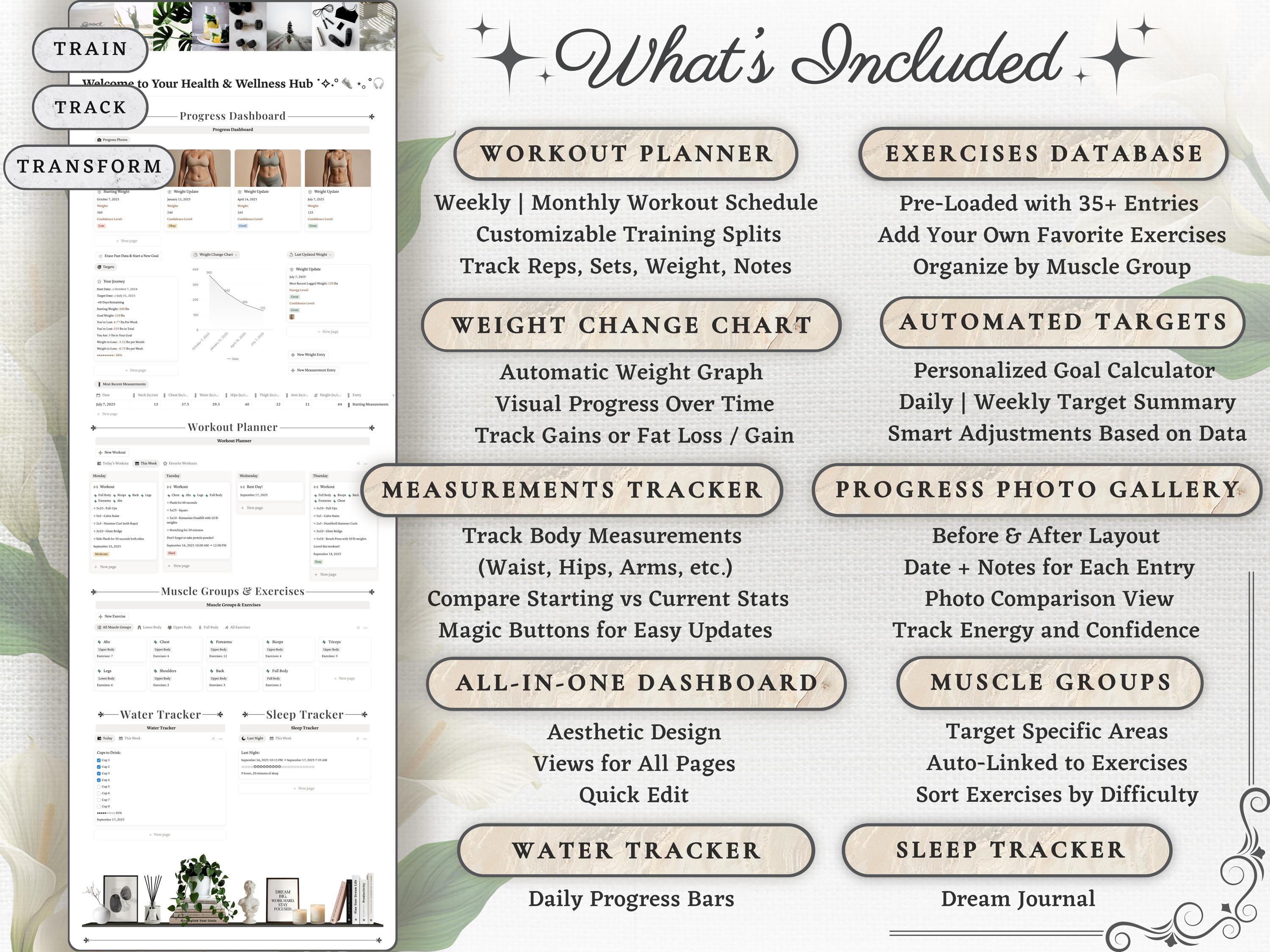 Ultimate Notion Workout Tracker Template | Fitness Planner Dashboard, Gym Log, Exercise Database, Body Measurements & Progress Photo Gallery