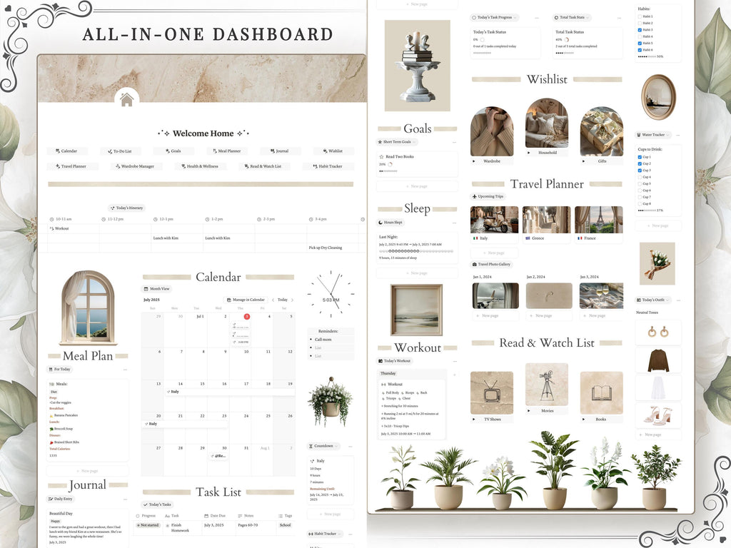 Clean Girl Aesthetic Notion Life Planner Template | Neutral All in One Dashboard— Second Brain for Goals, Calendar, Productivity & Self Care