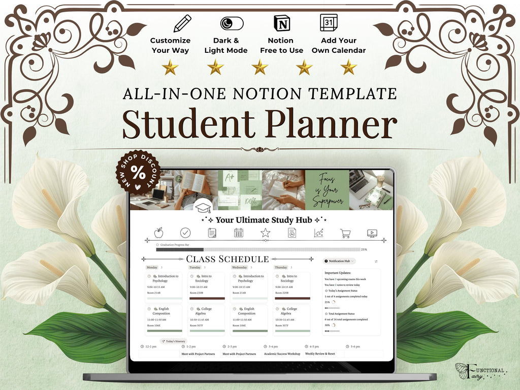 Ultimate Academic Notion Planner | Aesthetic All-in-One University/College Student Dashboard + ADHD Study Productivity, High School Template