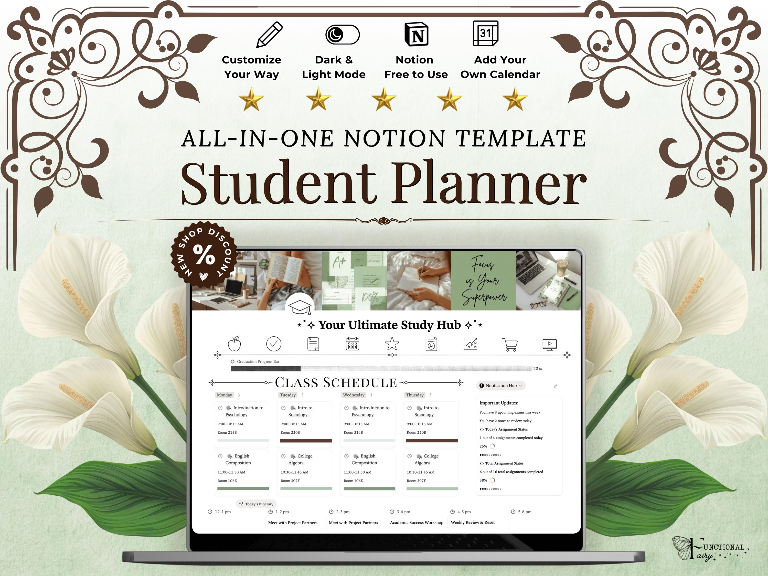 Ultimate Academic Notion Planner | Aesthetic All-in-One University/College Student Dashboard + ADHD Study Productivity, High School Template