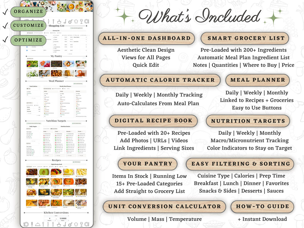 Ultimate Notion Meal Planner Template | Digital Grocery List and Recipe Bank—Automated Meal Prep Dashboard for Calories, Nutrition, Wellness