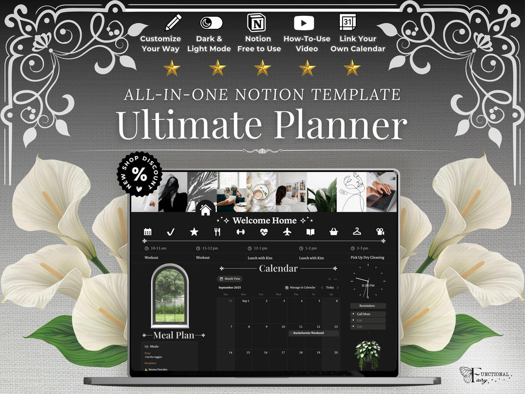 That Girl Aesthetic Notion Planner Template Dark Mode | All-in-One Life Dashboard | Goal, Habit and Wellness Tracker | Digital Productivity