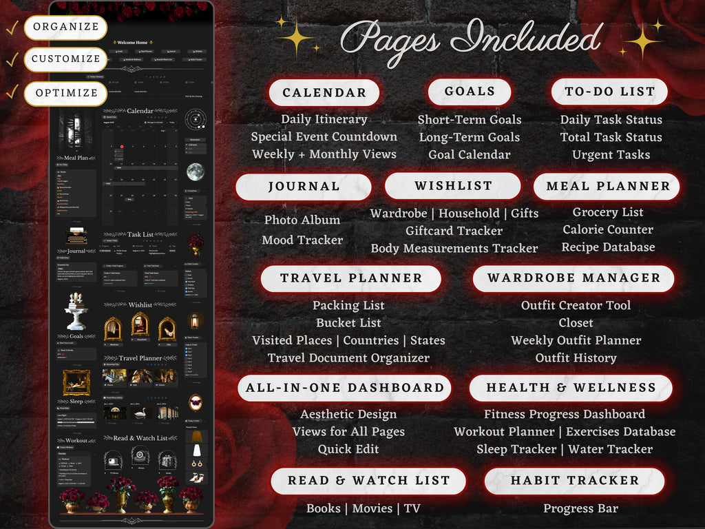 Dark Academia Aesthetic Notion Planner Template | All in One Digital Life Dashboard, Gothic Habit & Study Tracker | Productivity + Self Care