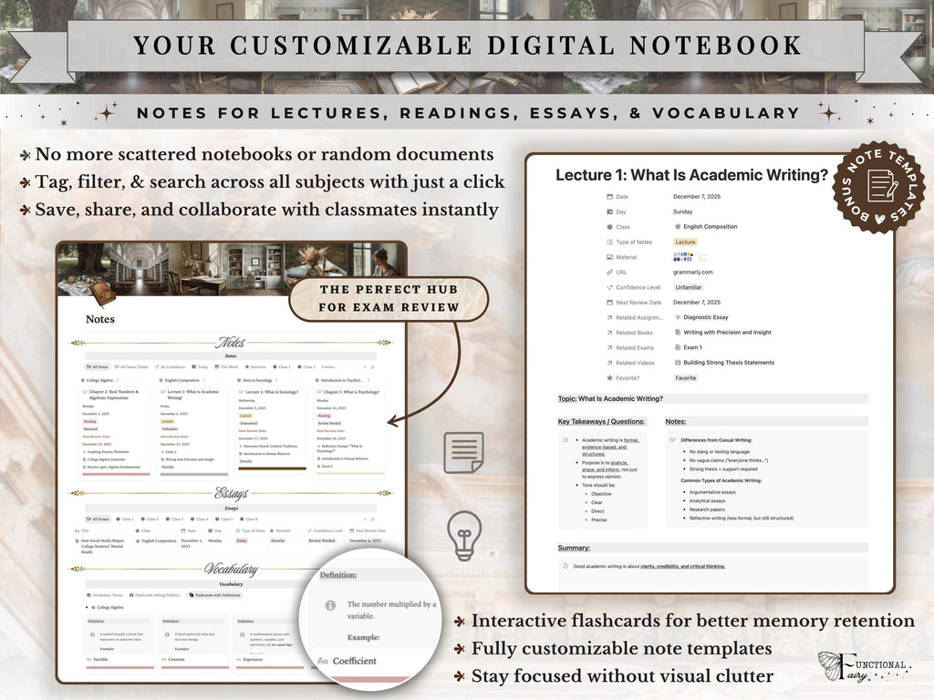 Light Academia Notion Template– Ultimate Aesthetic Academic Student Study Planner, University/College ADHD School Dashboard– Classes & Notes