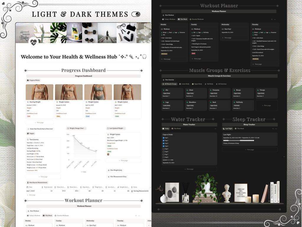 Ultimate Notion Workout Tracker Template | Fitness Planner Dashboard, Gym Log, Exercise Database, Body Measurements & Progress Photo Gallery