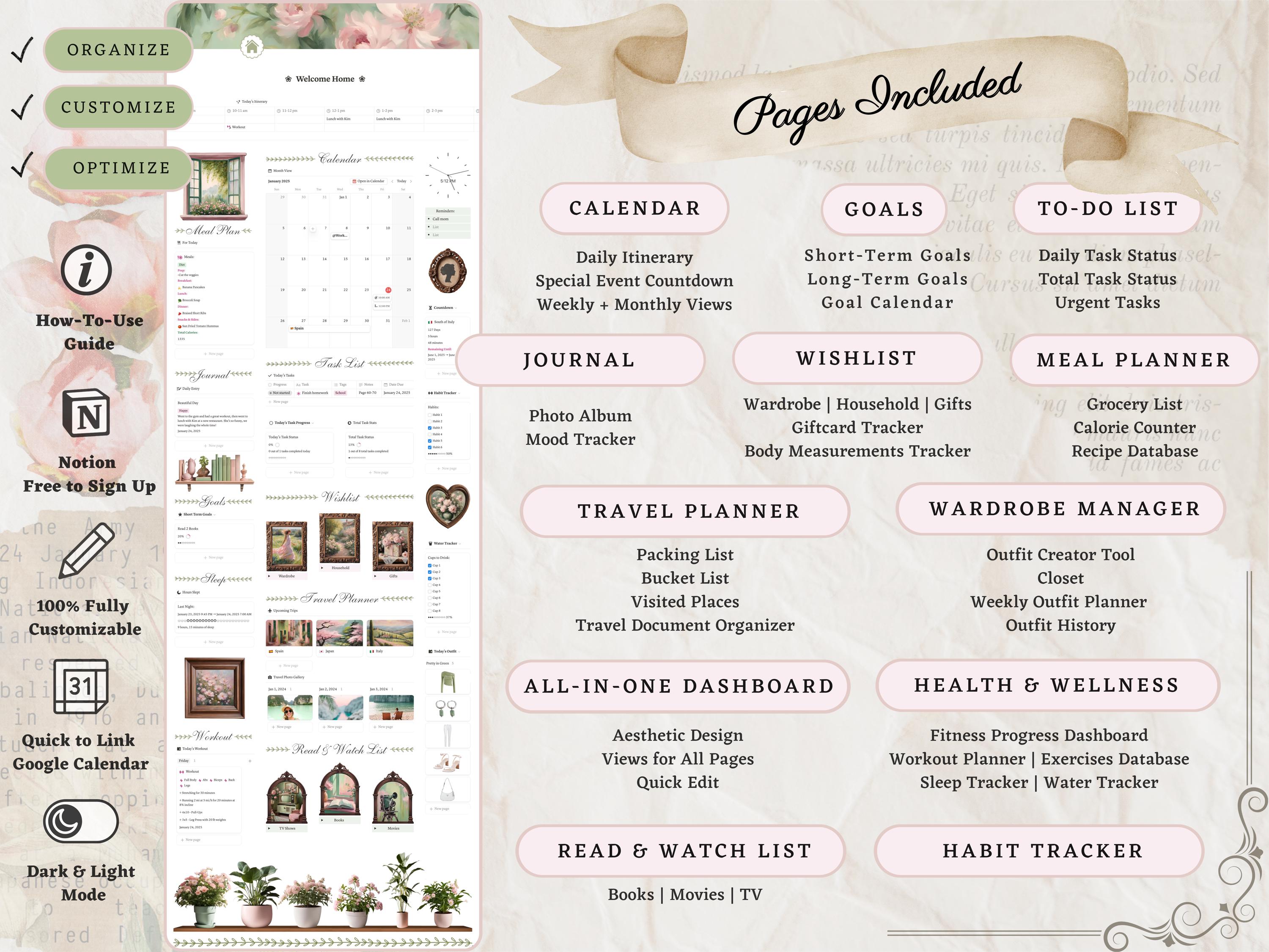 Vintage Aesthetic Notion Life Planner Template | All in One Digital Dashboard—Goals, Wellness and Travel Organizer, Self Care + Productivity