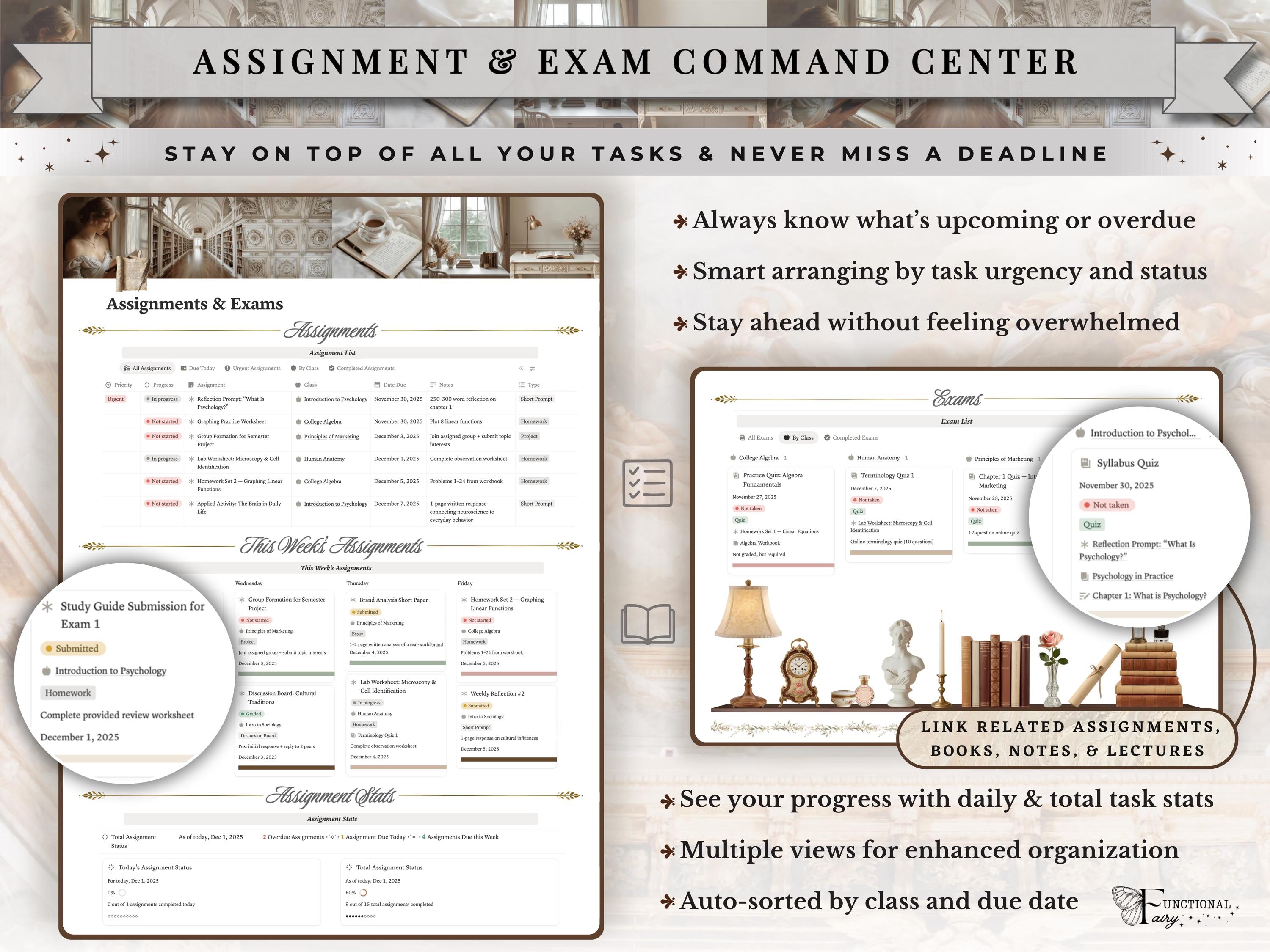 Light Academia Notion Template– Ultimate Aesthetic Academic Student Study Planner, University/College ADHD School Dashboard– Classes & Notes