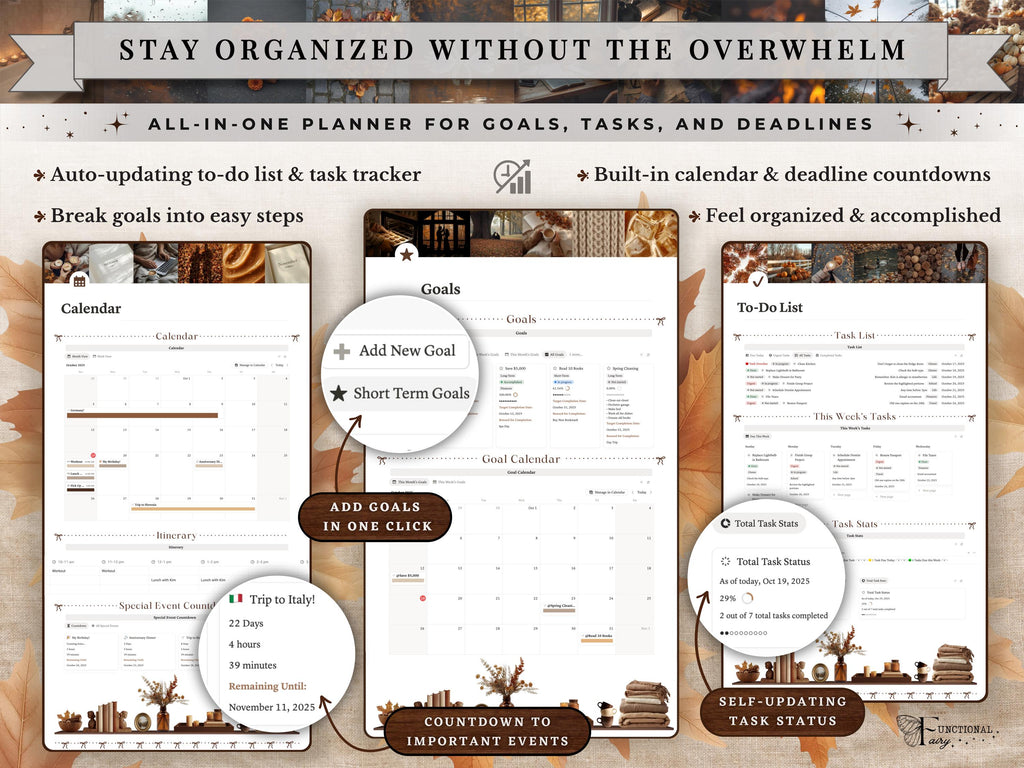 Cozy Autumn Notion Planner Template | Fall Aesthetic Life Dashboard | All in One Digital Organizer for Goals, Habit and Self Care Tracking