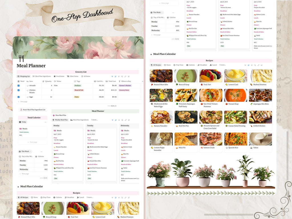 Aesthetic Notion Meal Planner Template | Digital Weekly Meal Prep and Grocery List— Recipe Organizer & Food Journal for Nutrition + Wellness
