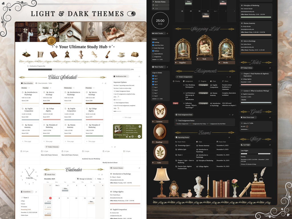 Light Academia Notion Template– Ultimate Aesthetic Academic Student Study Planner, University/College ADHD School Dashboard– Classes & Notes