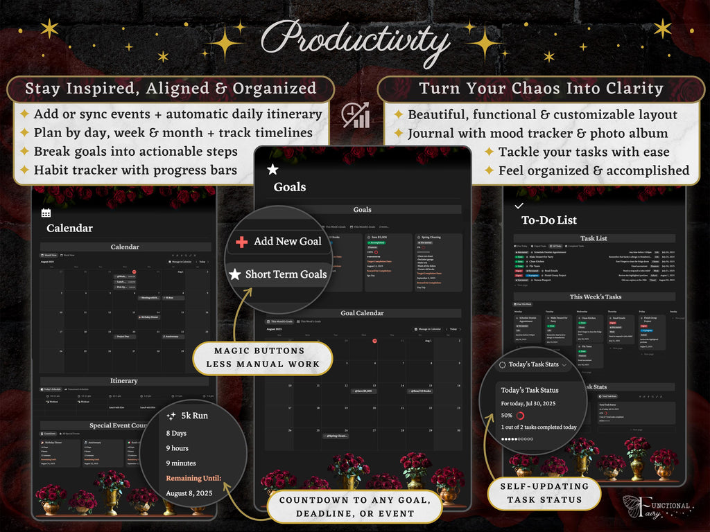 Dark Academia Aesthetic Notion Planner Template | All in One Digital Life Dashboard, Gothic Habit & Study Tracker | Productivity + Self Care