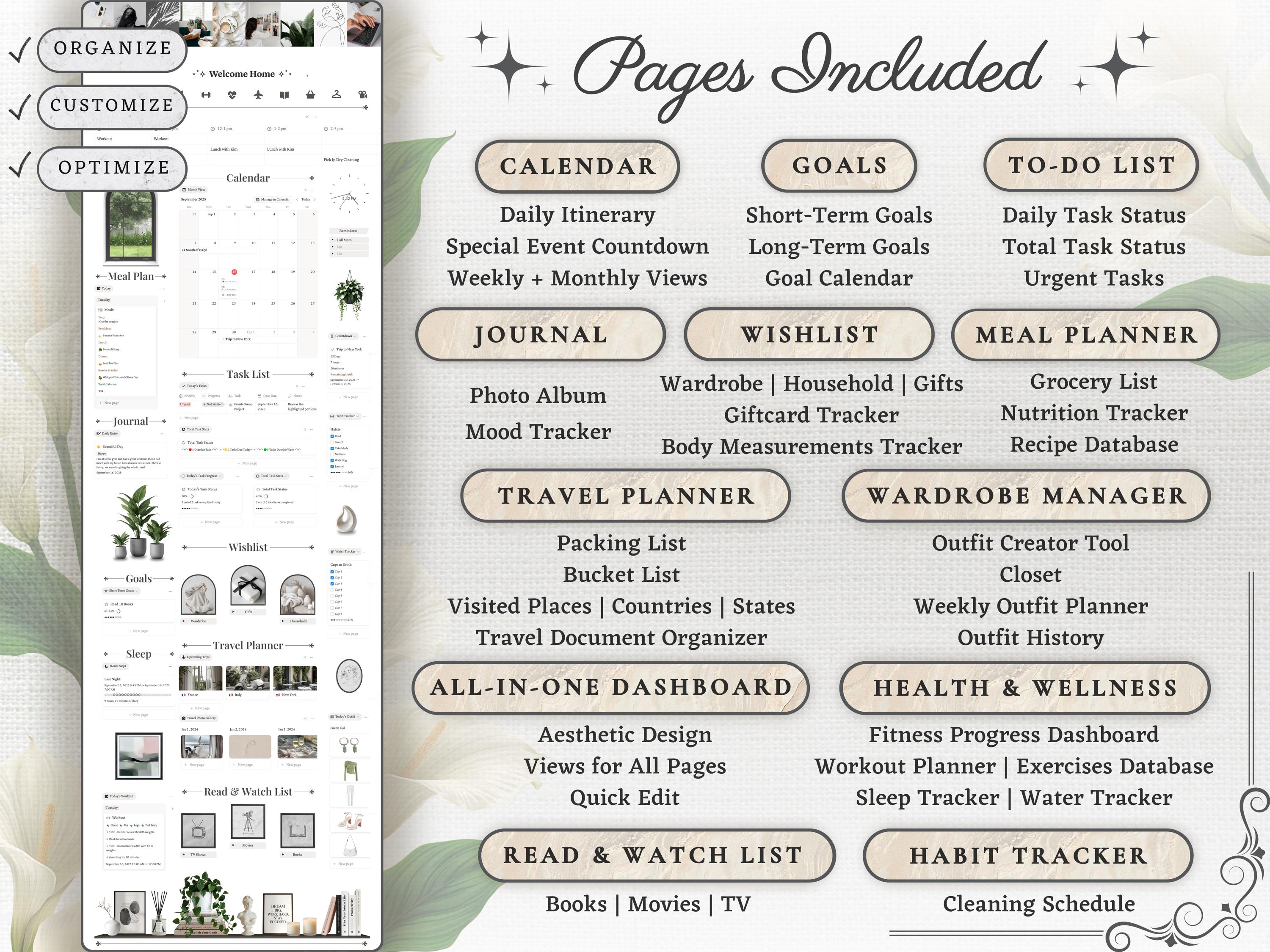That Girl Aesthetic Notion Planner Template | All-in-One Life Dashboard for Goals, Habit and Wellness Tracking | Digital Productivity Hub