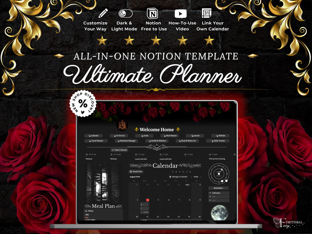 Dark Academia Aesthetic Notion Planner Template | All in One Digital Life Dashboard, Gothic Habit & Study Tracker | Productivity + Self Care