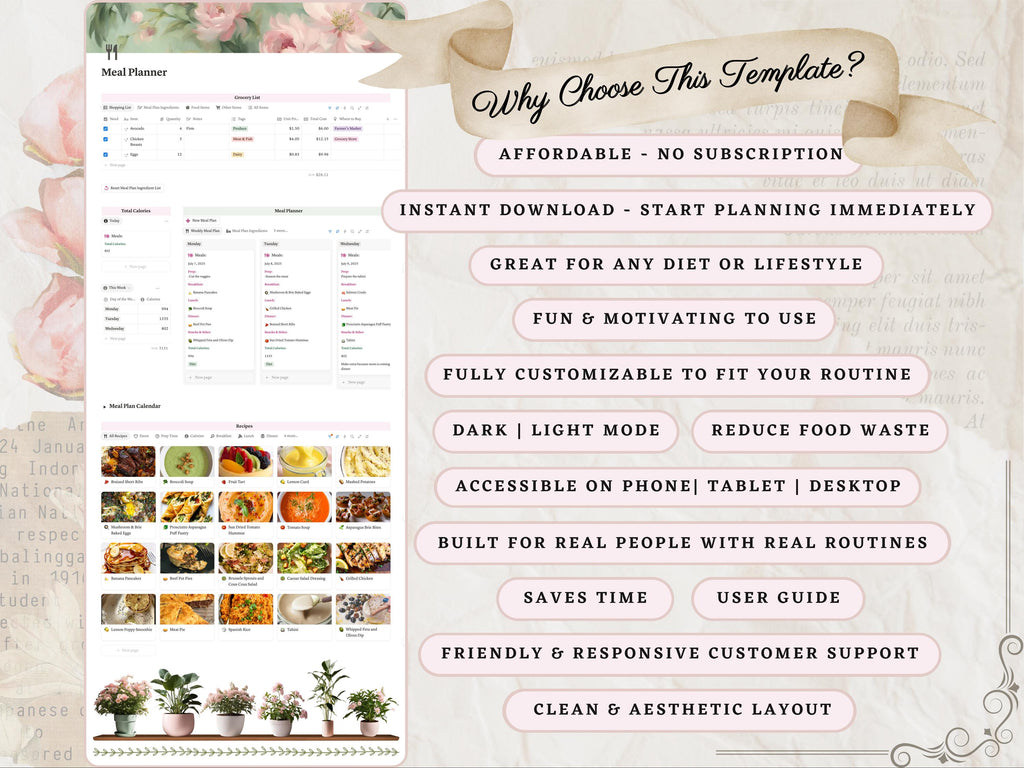 Aesthetic Notion Meal Planner Template | Digital Weekly Meal Prep and Grocery List— Recipe Organizer & Food Journal for Nutrition + Wellness