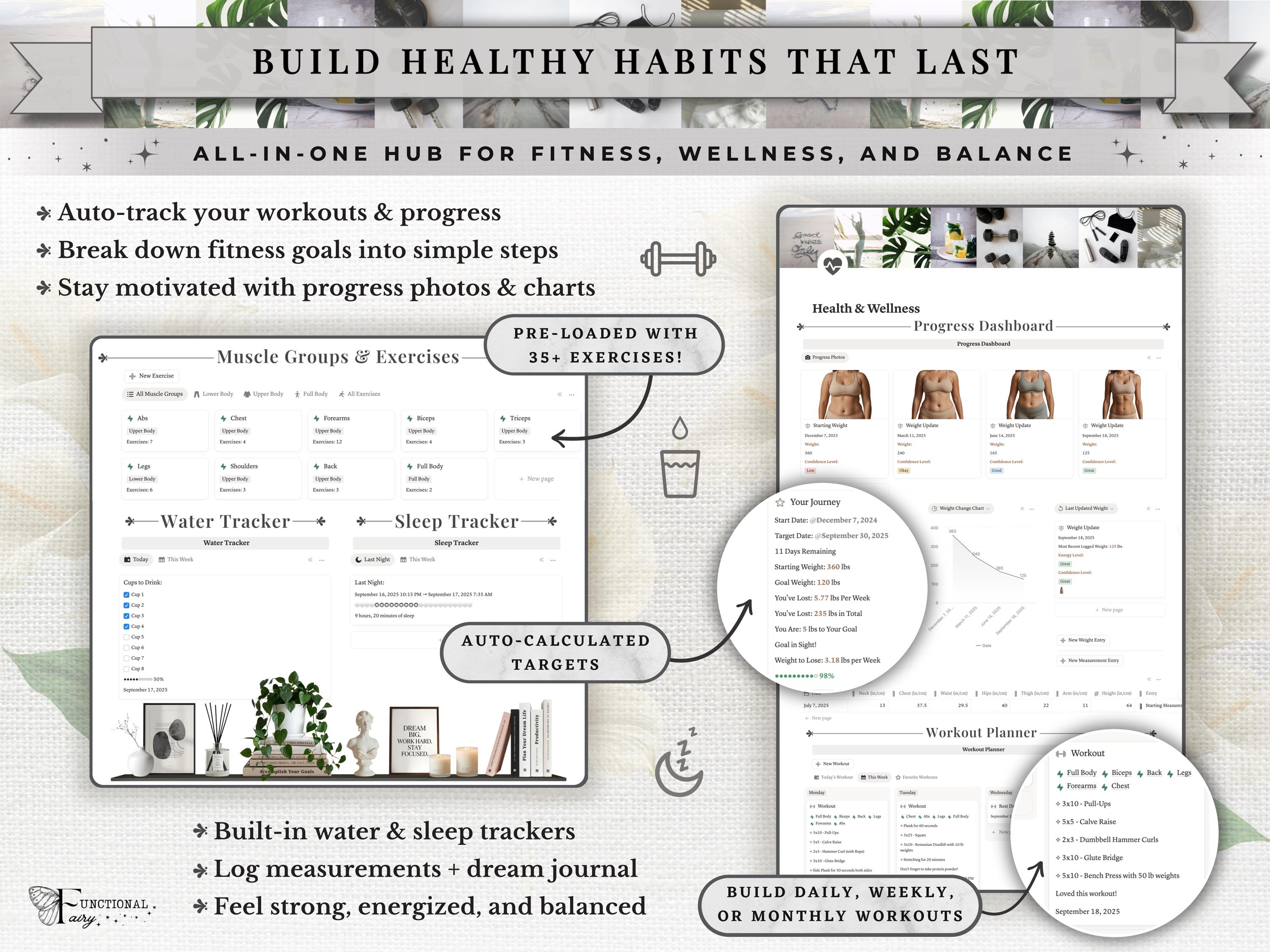 Wellness Planner Notion Template—Workout & Meal Planner Bundle, Fitness Planner, Habit Tracker, Meal Prep, Glow Up Planner, Health Dashboard