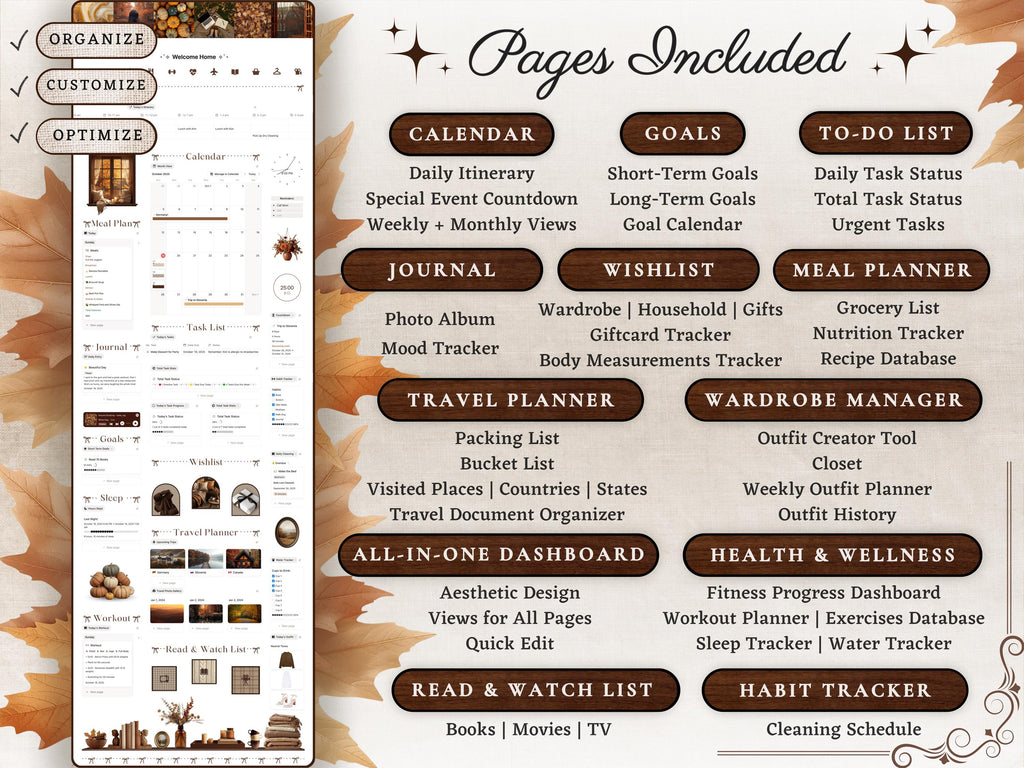 Cozy Autumn Notion Planner Template | Fall Aesthetic Life Dashboard | All in One Digital Organizer for Goals, Habit and Self Care Tracking