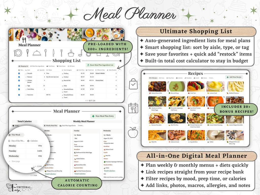Ultimate Notion Meal Planner Template | Digital Grocery List and Recipe Bank—Automated Meal Prep Dashboard for Calories, Nutrition, Wellness