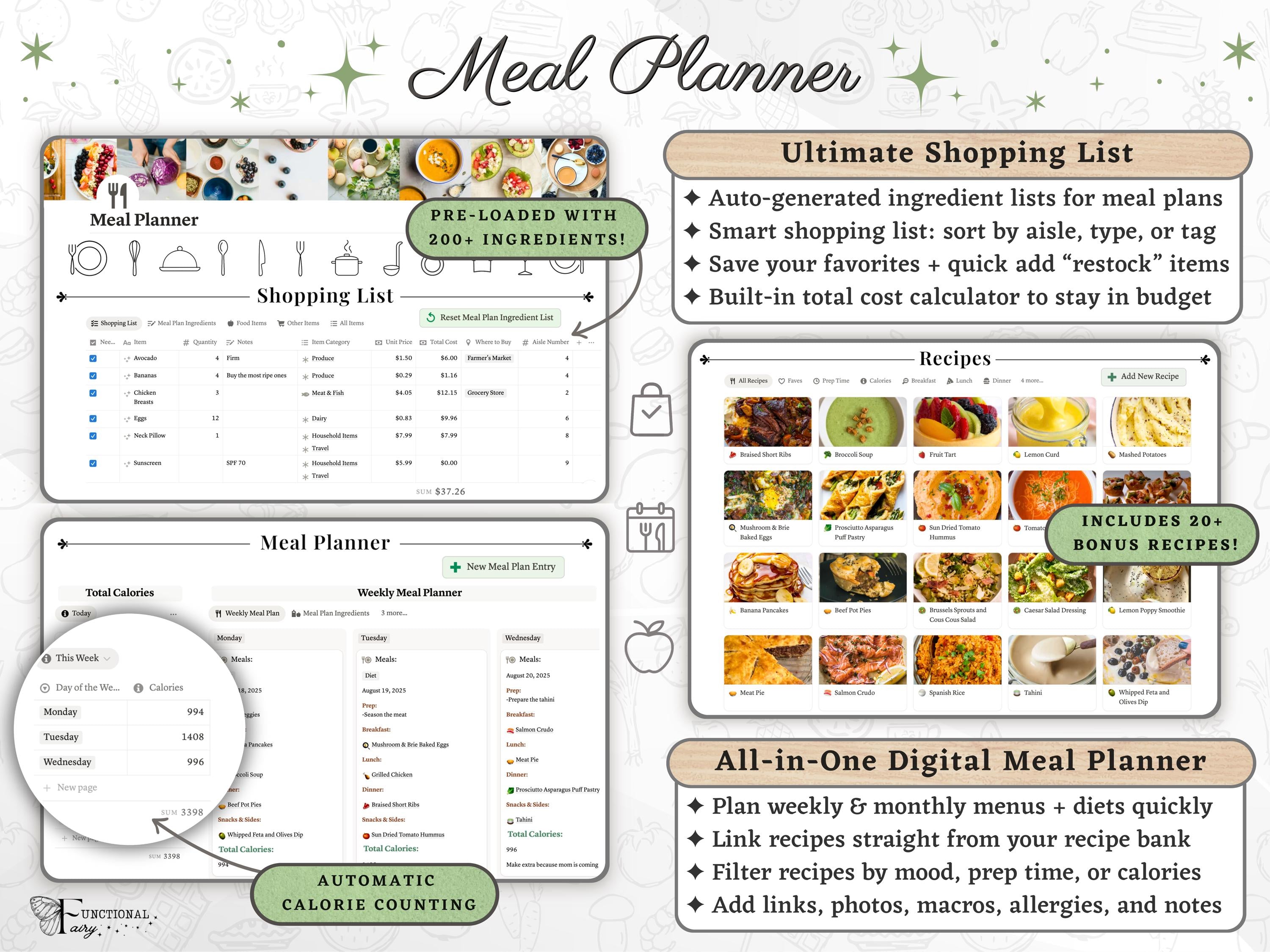 Ultimate Notion Meal Planner Template | Digital Grocery List and Recipe Bank—Automated Meal Prep Dashboard for Calories, Nutrition, Wellness