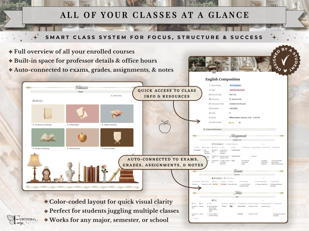 Light Academia Notion Template– Ultimate Aesthetic Academic Student Study Planner, University/College ADHD School Dashboard– Classes & Notes