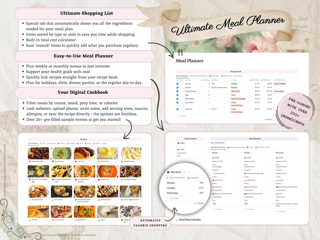 Aesthetic Notion Meal Planner Template | Digital Weekly Meal Prep and Grocery List— Recipe Organizer & Food Journal for Nutrition + Wellness
