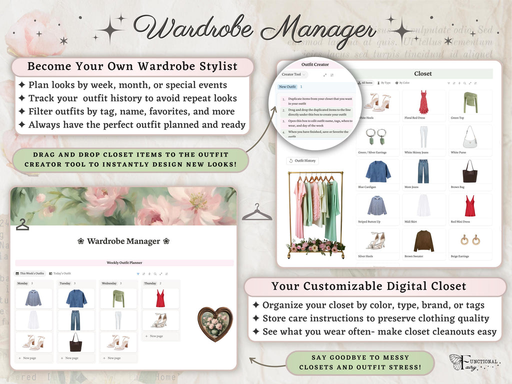 Notion Outfit Planner and Wardrobe Manager Template | Digital Closet Organizer | Capsule Wardrobe, Daily Outfit and Style Planner Dashboard
