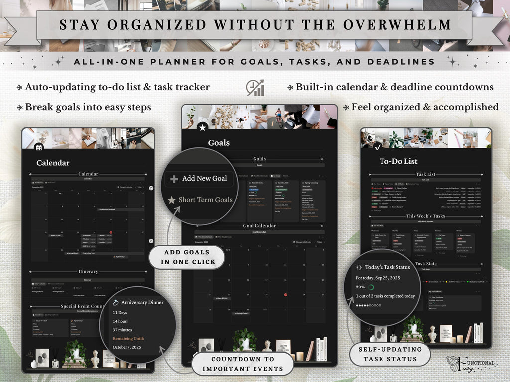 That Girl Aesthetic Notion Planner Template Dark Mode | All-in-One Life Dashboard | Goal, Habit and Wellness Tracker | Digital Productivity