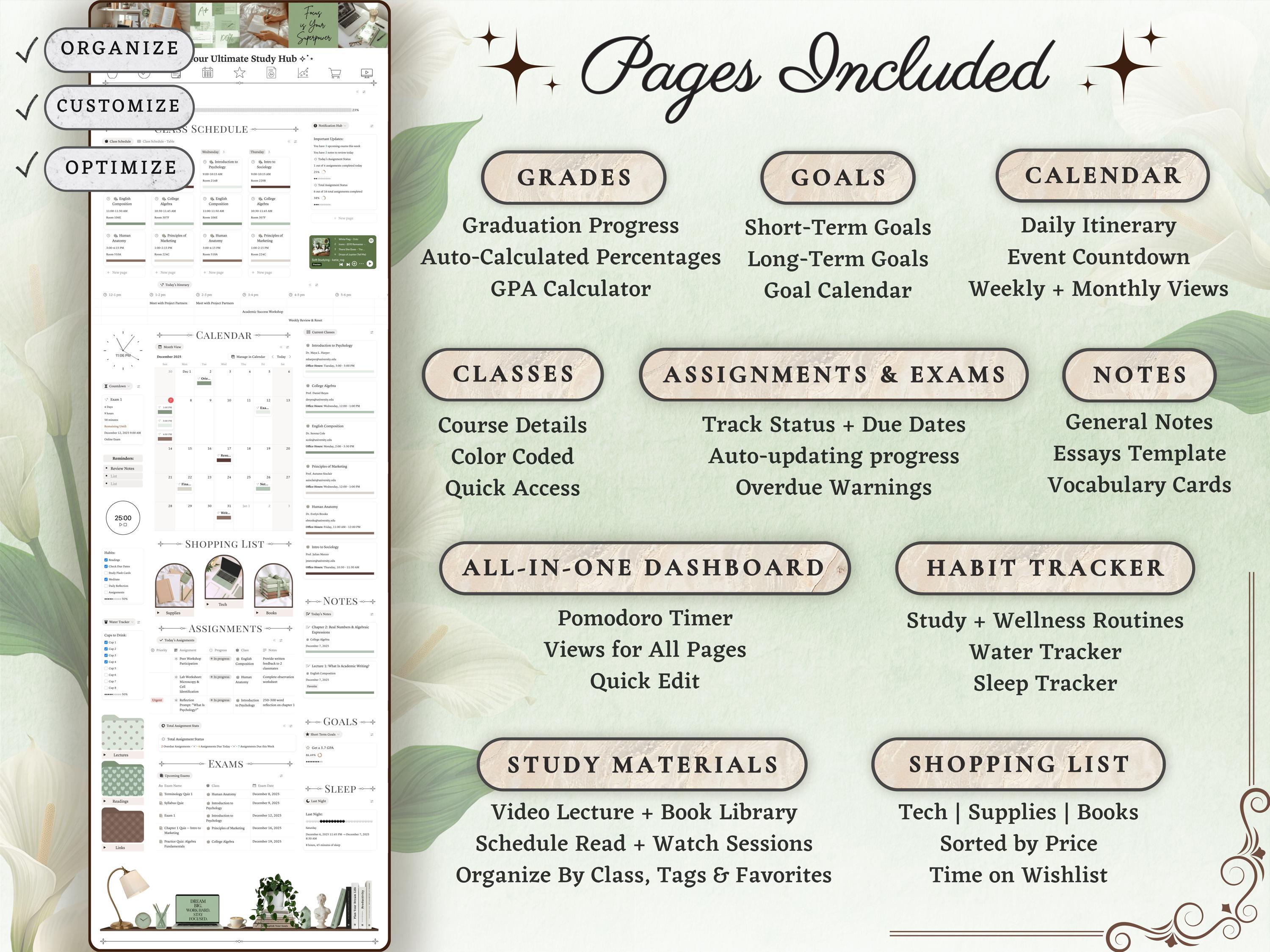 Ultimate Academic Notion Planner | Aesthetic All-in-One University/College Student Dashboard + ADHD Study Productivity, High School Template