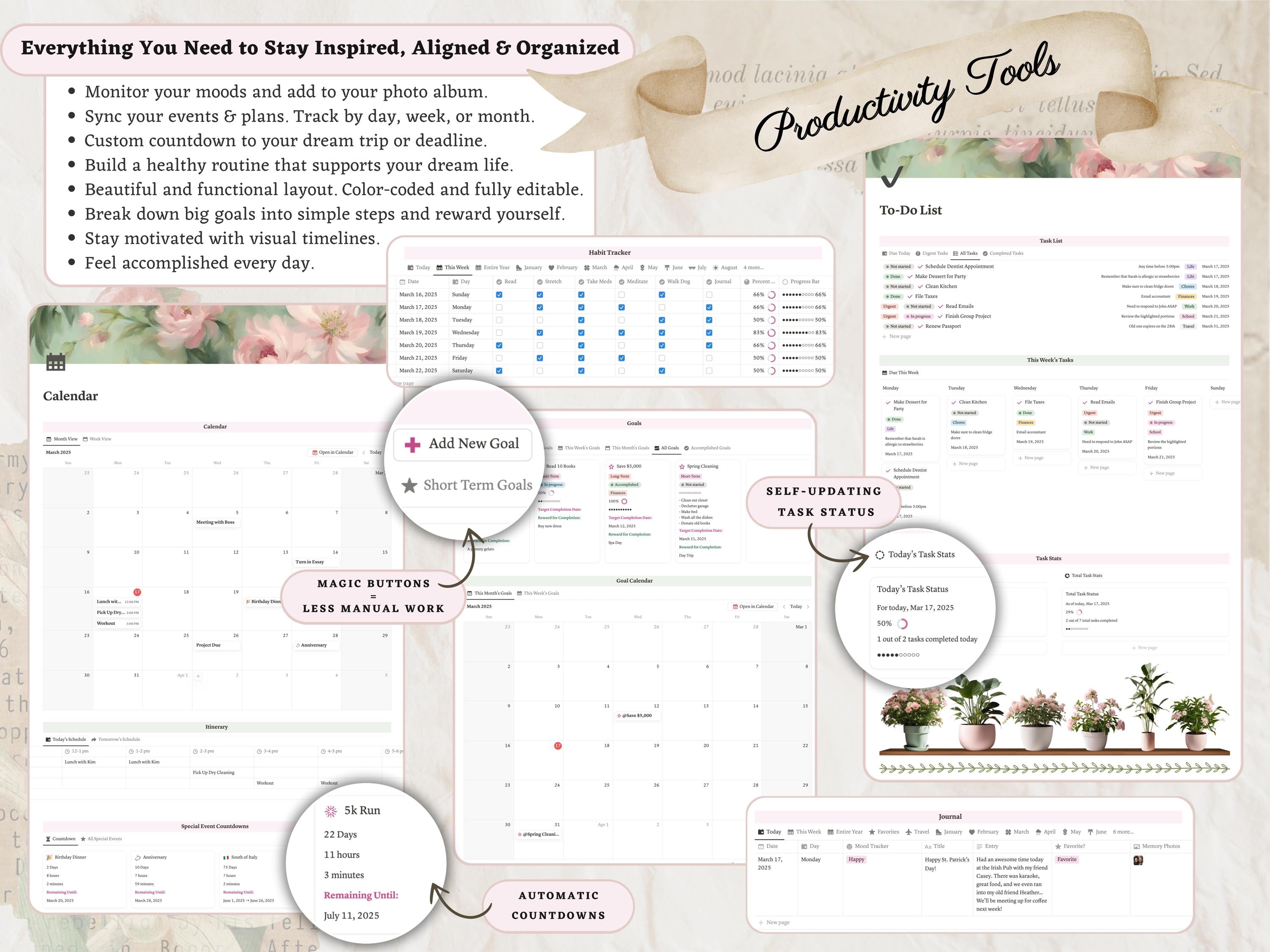 Vintage Aesthetic Notion Life Planner Template | All in One Digital Dashboard—Goals, Wellness and Travel Organizer, Self Care + Productivity