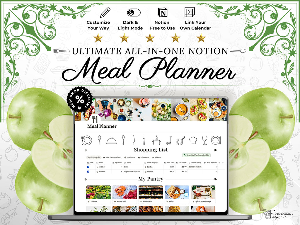 Ultimate Notion Meal Planner Template | Digital Grocery List and Recipe Bank—Automated Meal Prep Dashboard for Calories, Nutrition, Wellness