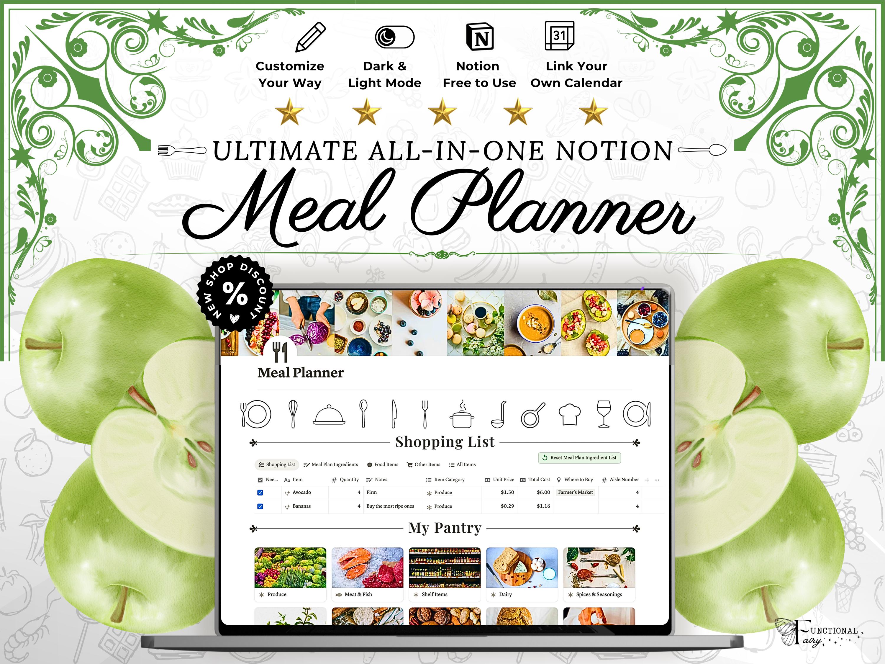 Ultimate Notion Meal Planner Template | Digital Grocery List and Recipe Bank—Automated Meal Prep Dashboard for Calories, Nutrition, Wellness