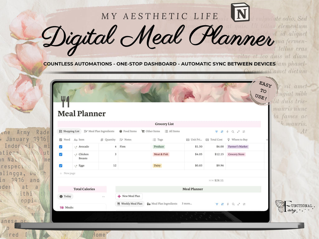 Aesthetic Notion Meal Planner Template | Digital Weekly Meal Prep and Grocery List— Recipe Organizer & Food Journal for Nutrition + Wellness
